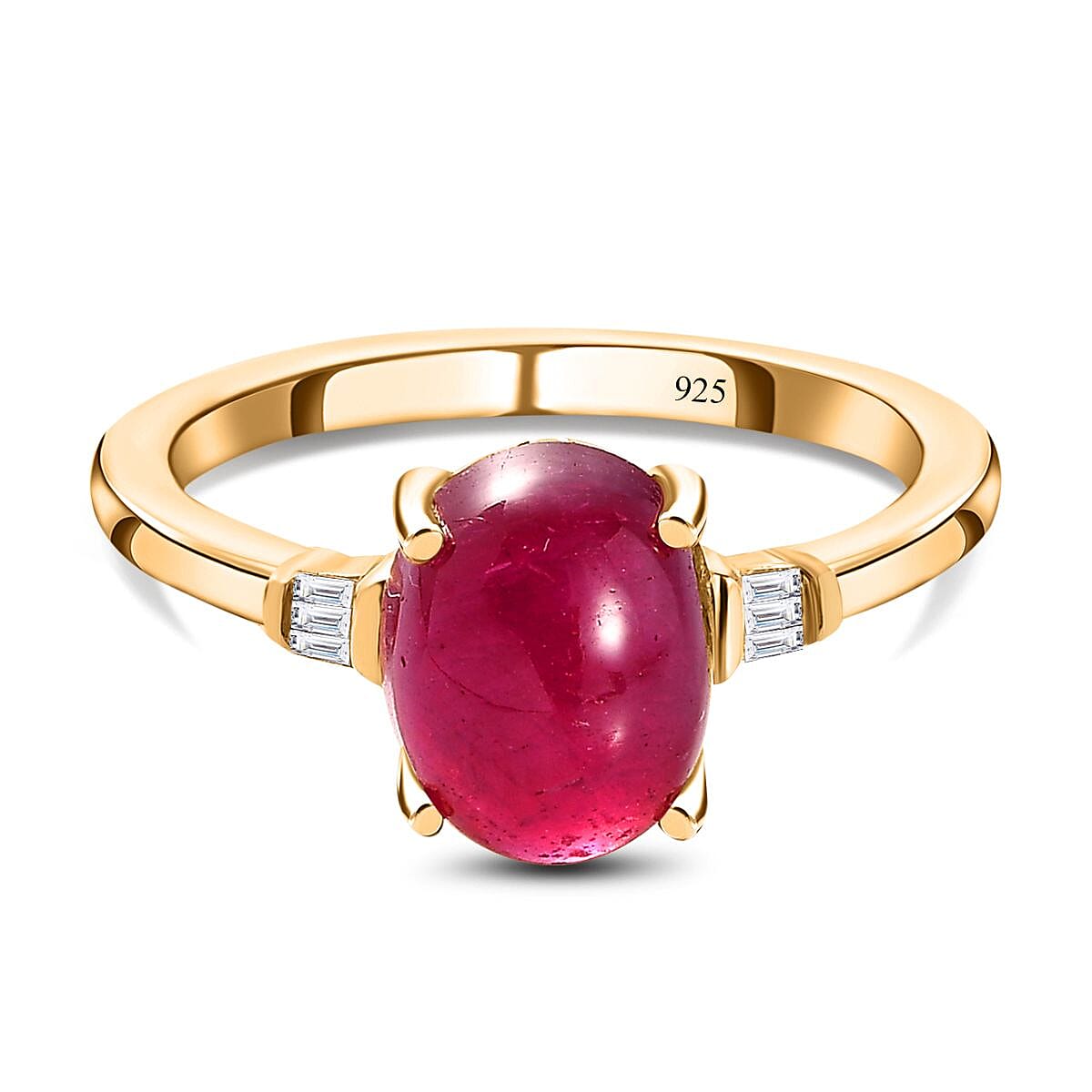 Fissure Filled Ruby ,  White Diamond  Main Stone With Side Stone Ring in Vermeil YG Sterling Silver 2.85 ct  3.310  Ct.