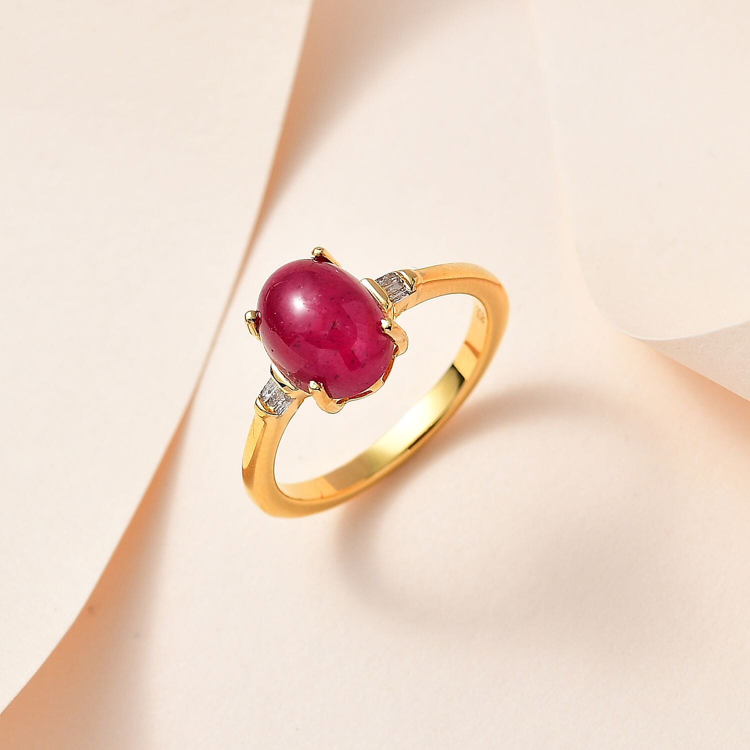 Fissure Filled Ruby ,  White Diamond  Main Stone With Side Stone Ring in Vermeil YG Sterling Silver 2.85 ct  3.310  Ct.