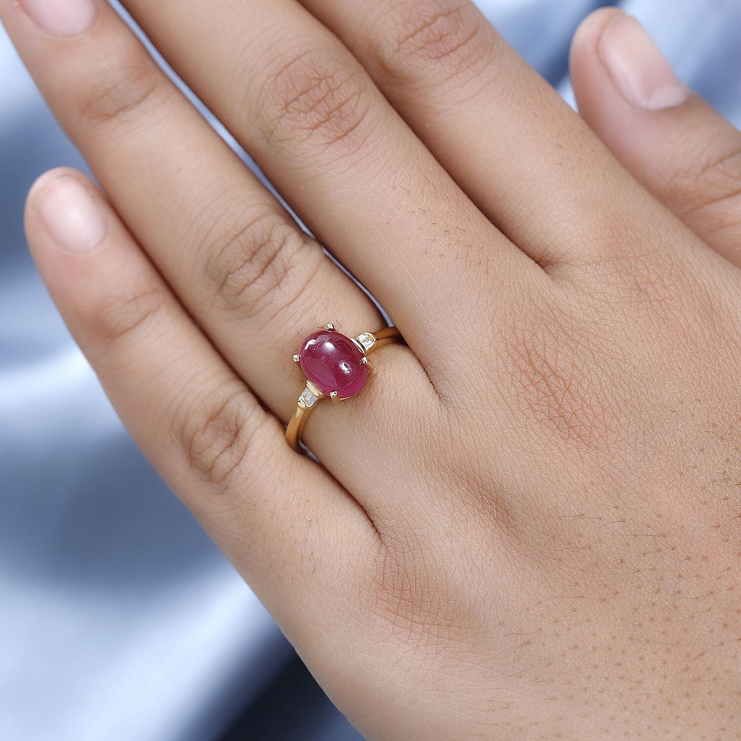 Fissure Filled Ruby ,  White Diamond  Main Stone With Side Stone Ring in Vermeil YG Sterling Silver 2.85 ct  3.310  Ct.