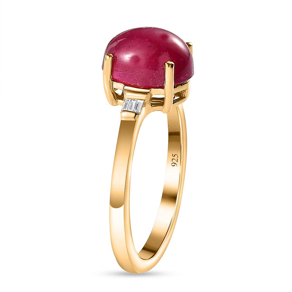 Fissure Filled Ruby ,  White Diamond  Main Stone With Side Stone Ring in Vermeil YG Sterling Silver 2.85 ct  3.310  Ct.