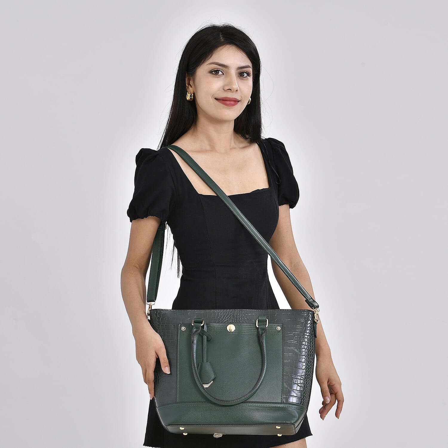 Leatherette Croc Emobossed Crossbody Bag with Handle Drop - Olive