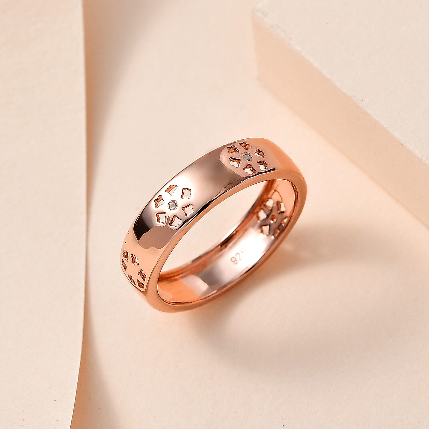 Diamond Floral Band Ring in 18K Vermeil Rose Gold Plated Sterling Silver