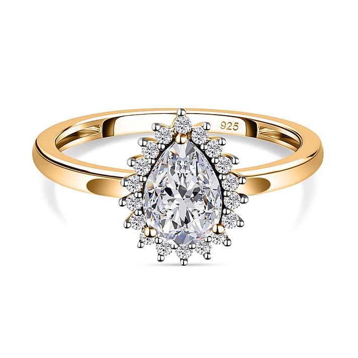 White Cubic Zirconia Halo Ring in 18K Vermeil Yellow Gold Plated Sterling Silver 1.32 Ct.