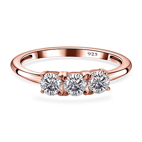 Finest CZ 3 Stone Ring in 18K Rose Gold Vermeil Plated Sterling Silver