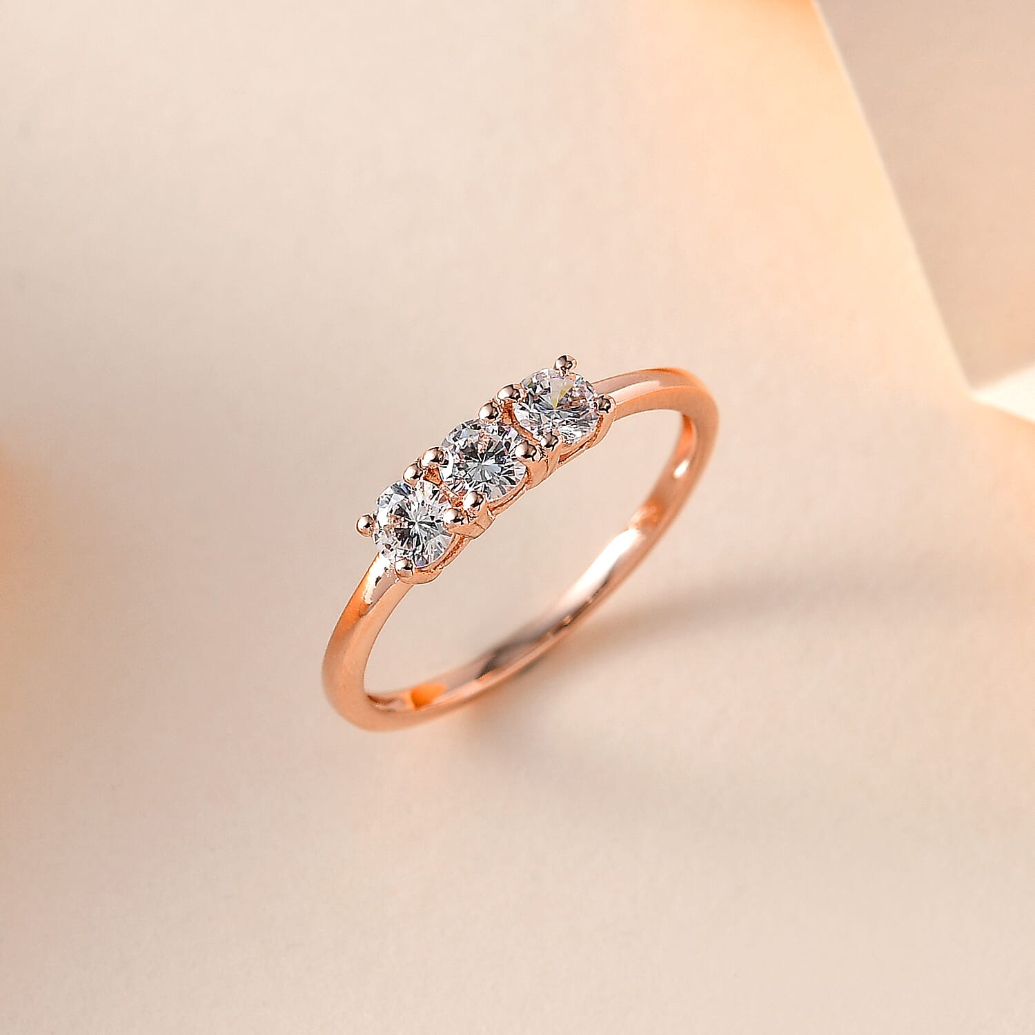 Finest CZ 3 Stone Ring in 18K Rose Gold Vermeil Plated Sterling Silver