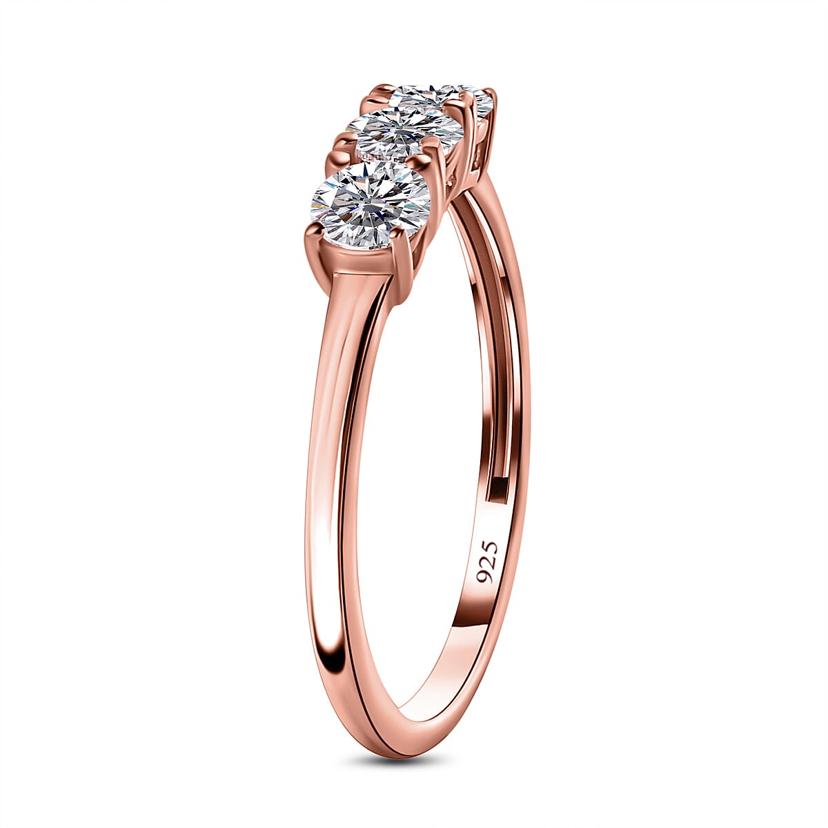 Finest CZ 3 Stone Ring in 18K Rose Gold Vermeil Plated Sterling Silver