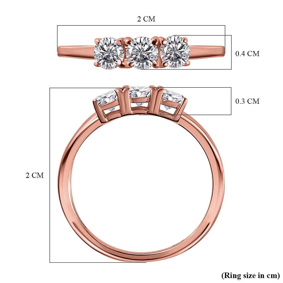 Finest CZ 3 Stone Ring in 18K Rose Gold Vermeil Plated Sterling Silver