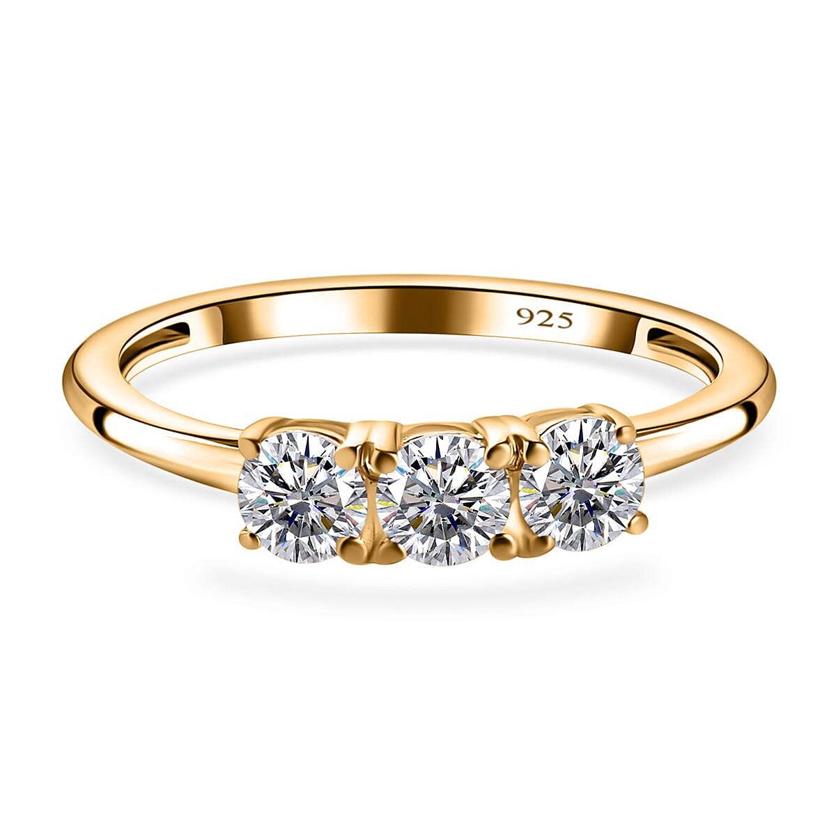 Finest CZ 3 Stone Ring in 18K Vermeil Yellow Gold Plated Sterling Silver