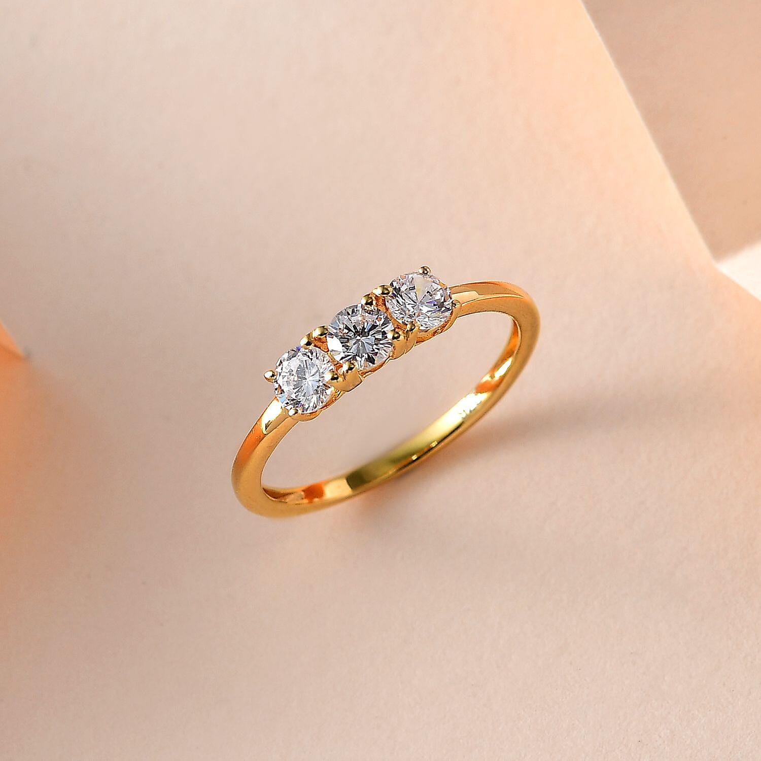 Finest CZ 3 Stone Ring in 18K Vermeil Yellow Gold Plated Sterling Silver