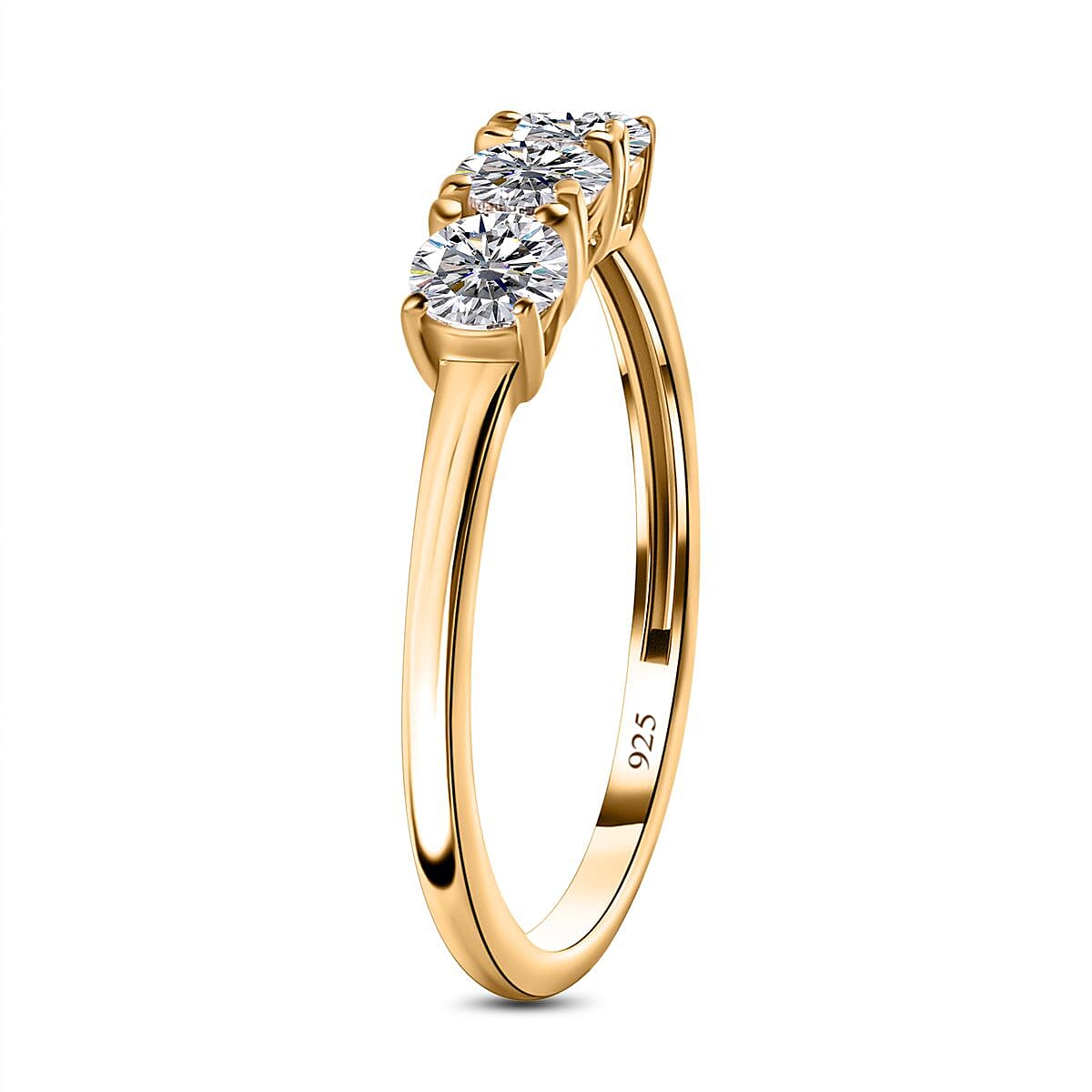 Finest CZ 3 Stone Ring in 18K Vermeil Yellow Gold Plated Sterling Silver