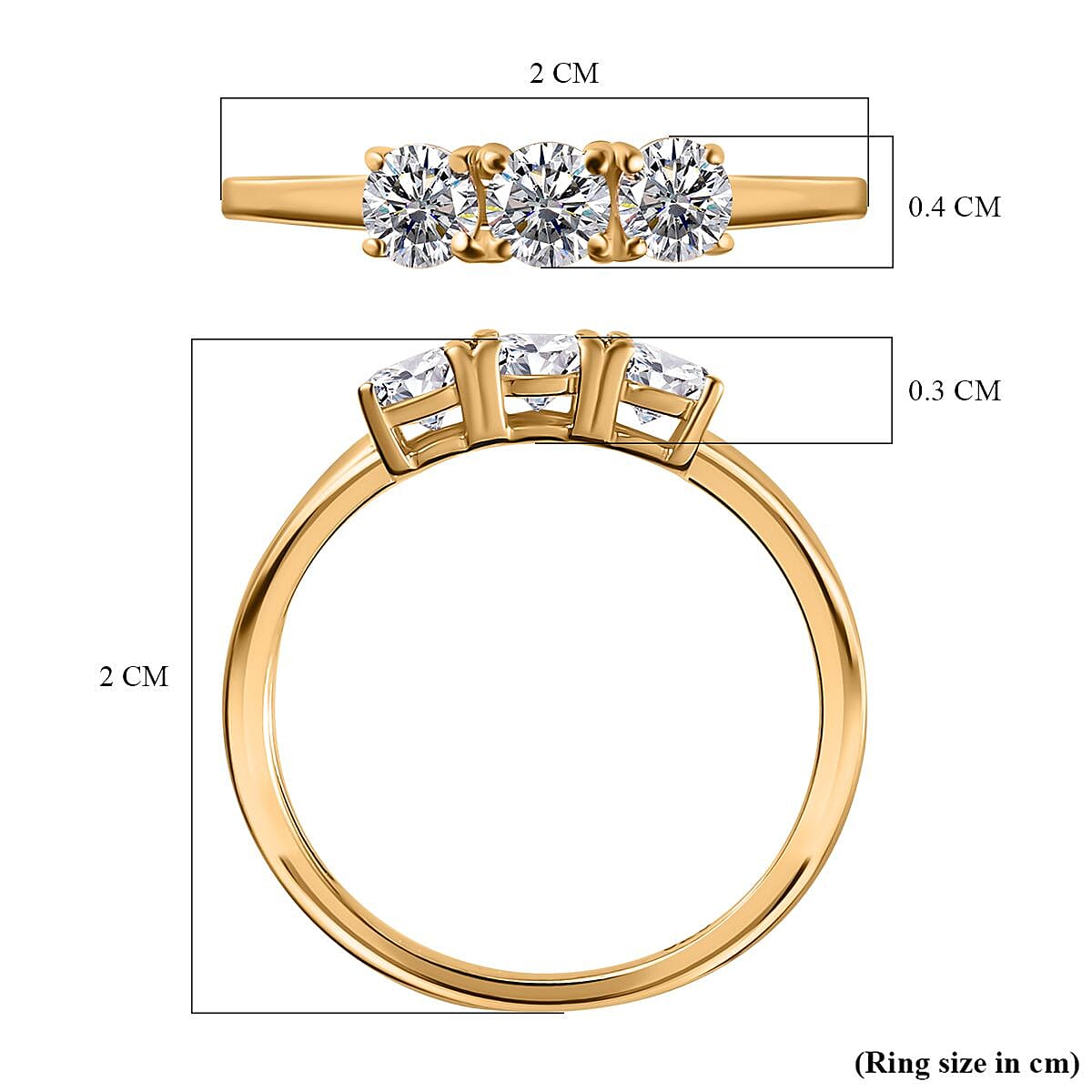 Finest CZ 3 Stone Ring in 18K Vermeil Yellow Gold Plated Sterling Silver
