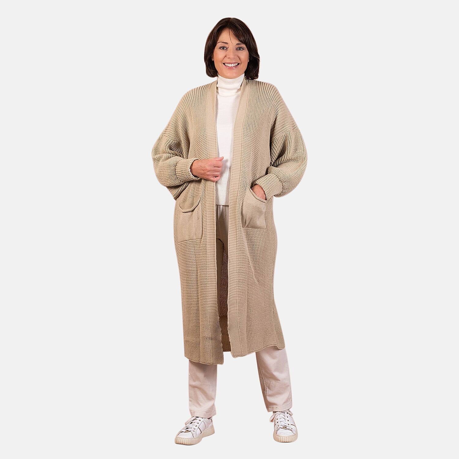 Closeout - Balloon Sleeve Long Cardigan (One Size,8 to 18) - Beige