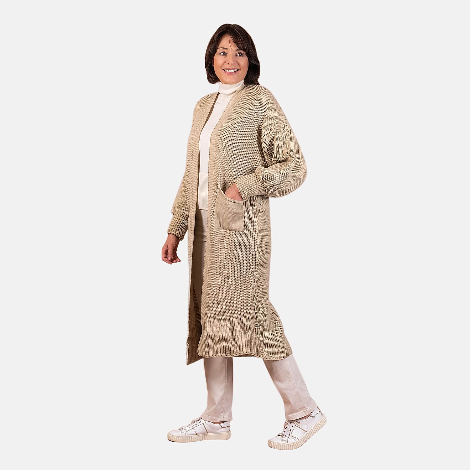 Closeout - Balloon Sleeve Long Cardigan (One Size,8 to 18) - Beige