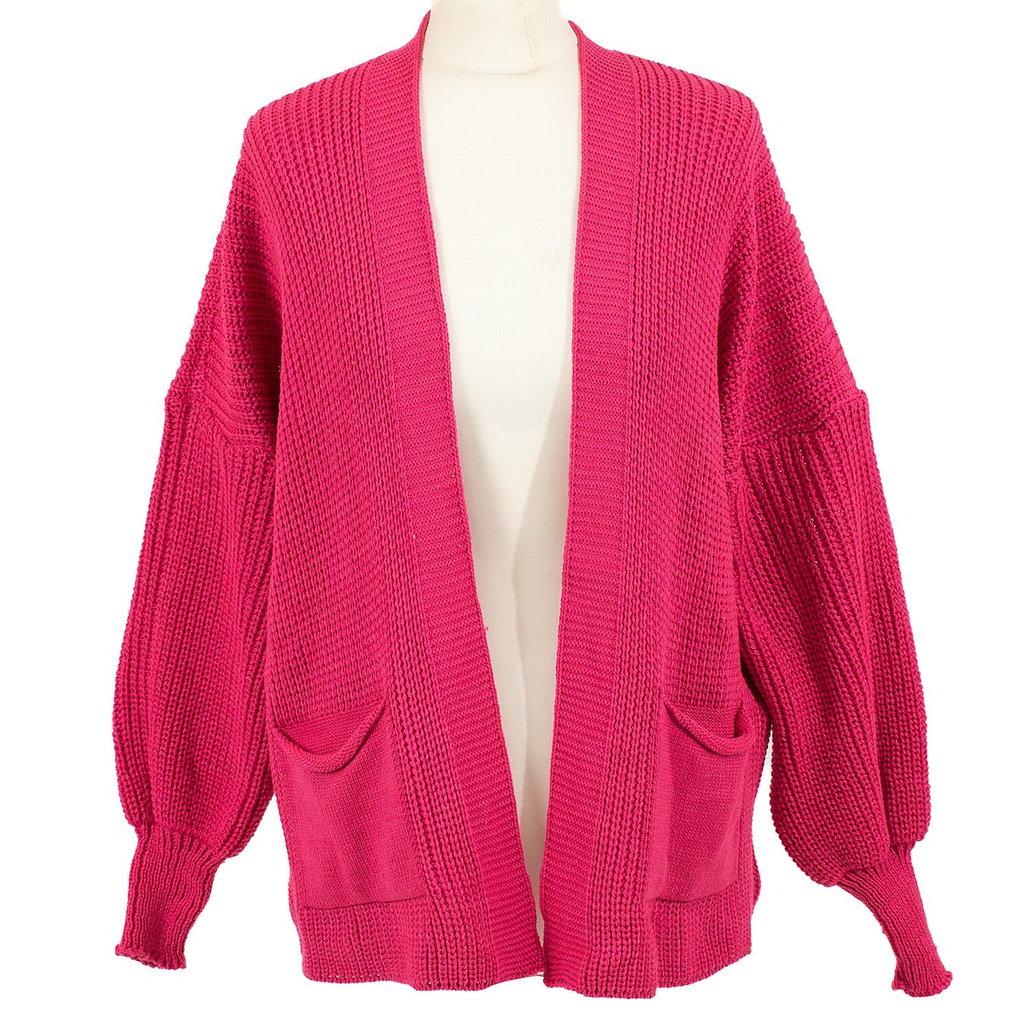 Balloon Sleeve Long Cardigan (One Size 8-18) - Dark Pink