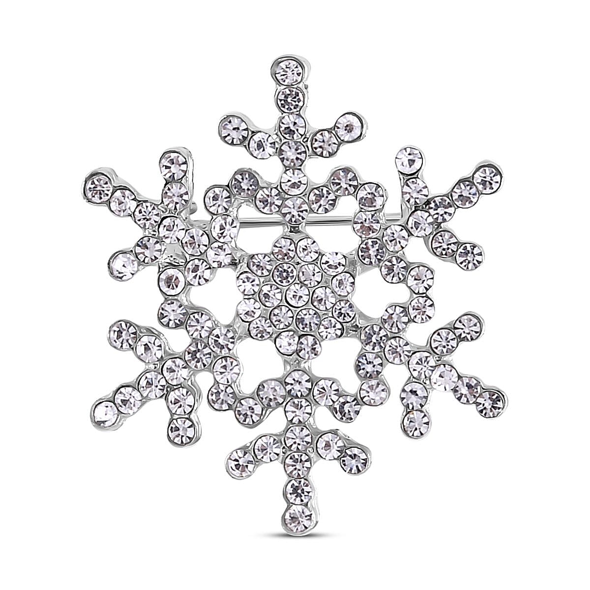 White Austrian Crystal Studded Snowflake Brooch in Antique Silver Tone