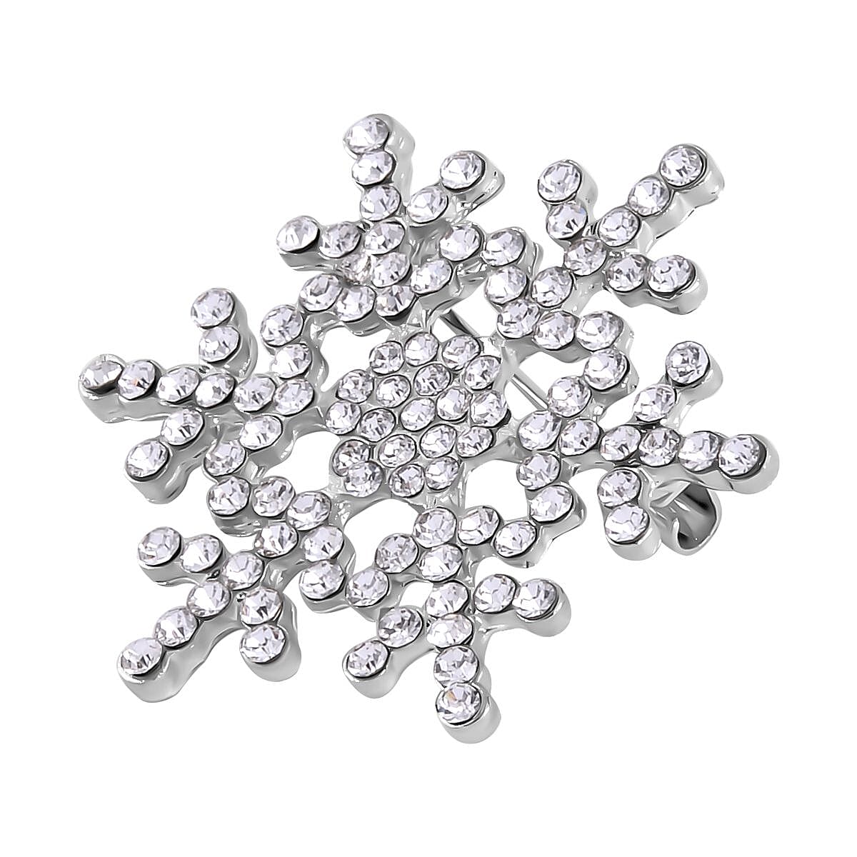 White Austrian Crystal Studded Snowflake Brooch in Antique Silver Tone