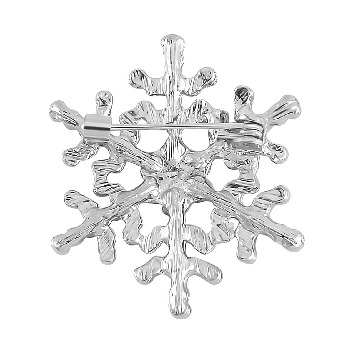 White Austrian Crystal Studded Snowflake Brooch in Antique Silver Tone