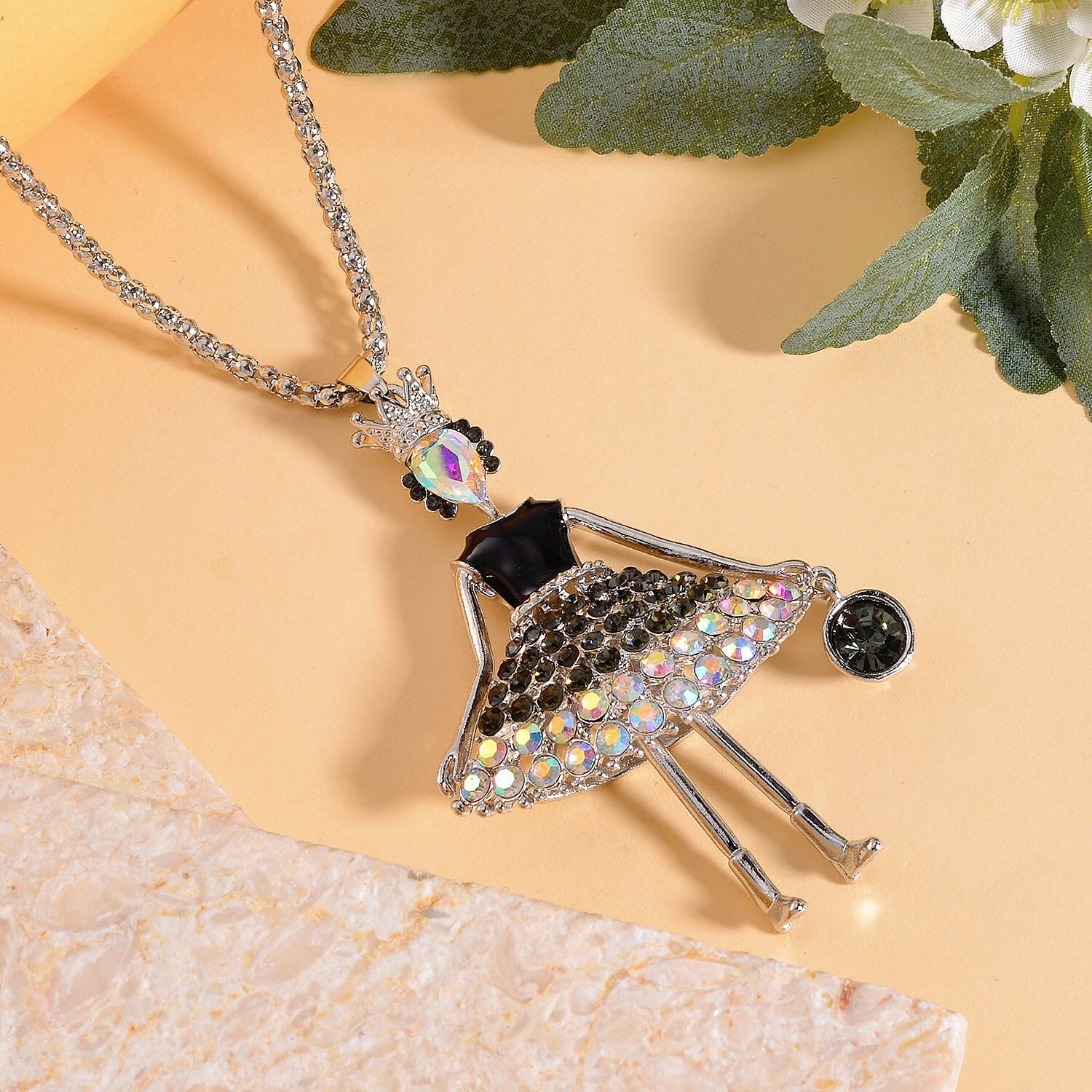 Green Austrian Crystal & Simulated Mystic White Austrian Crystal Enamelled Doll Necklace (Size - 28)