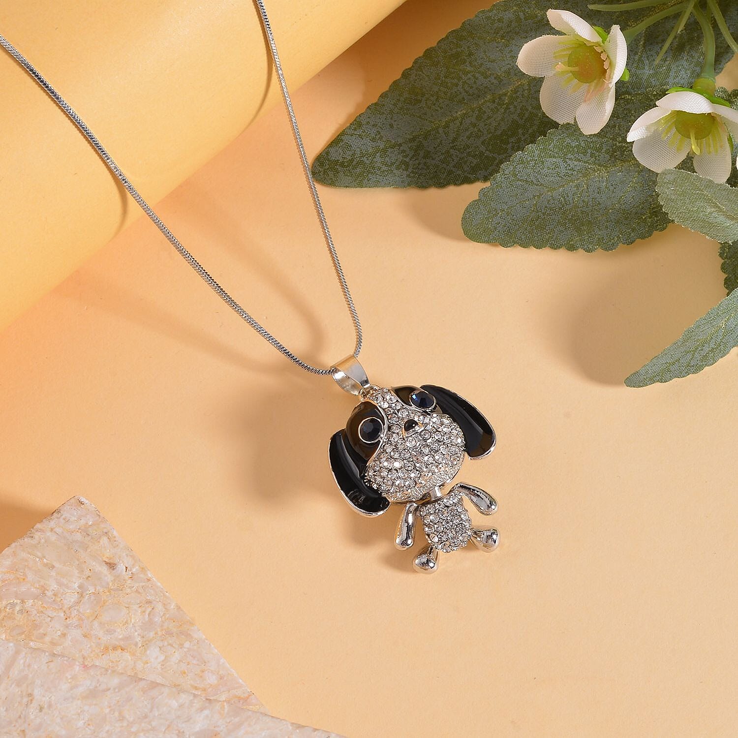 Black & White Austrian Crystal Enamelled Puppy Necklace (Size - 28)