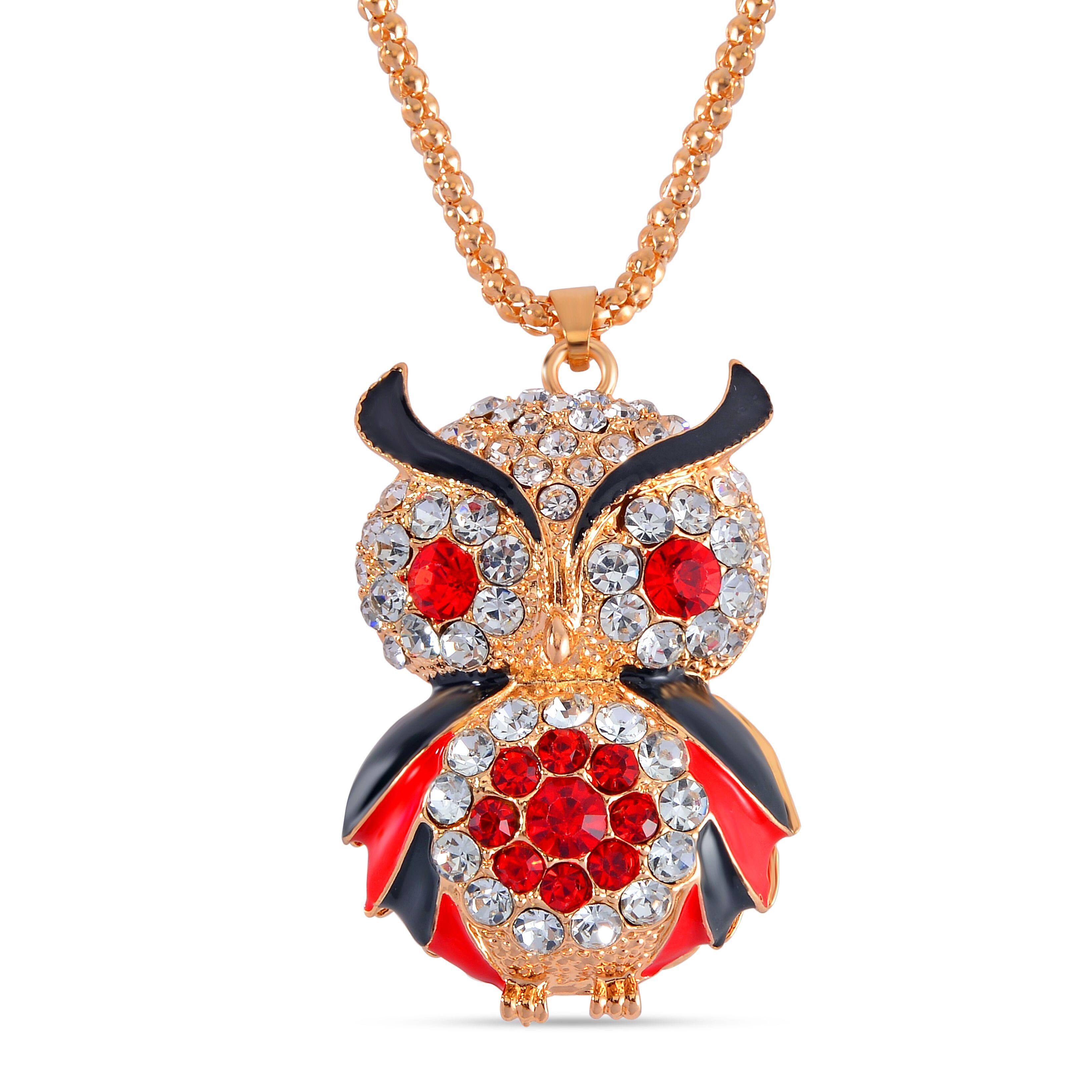  Red & White Austrian Crystal Owl Necklace (Size 28 - 2 Inch)