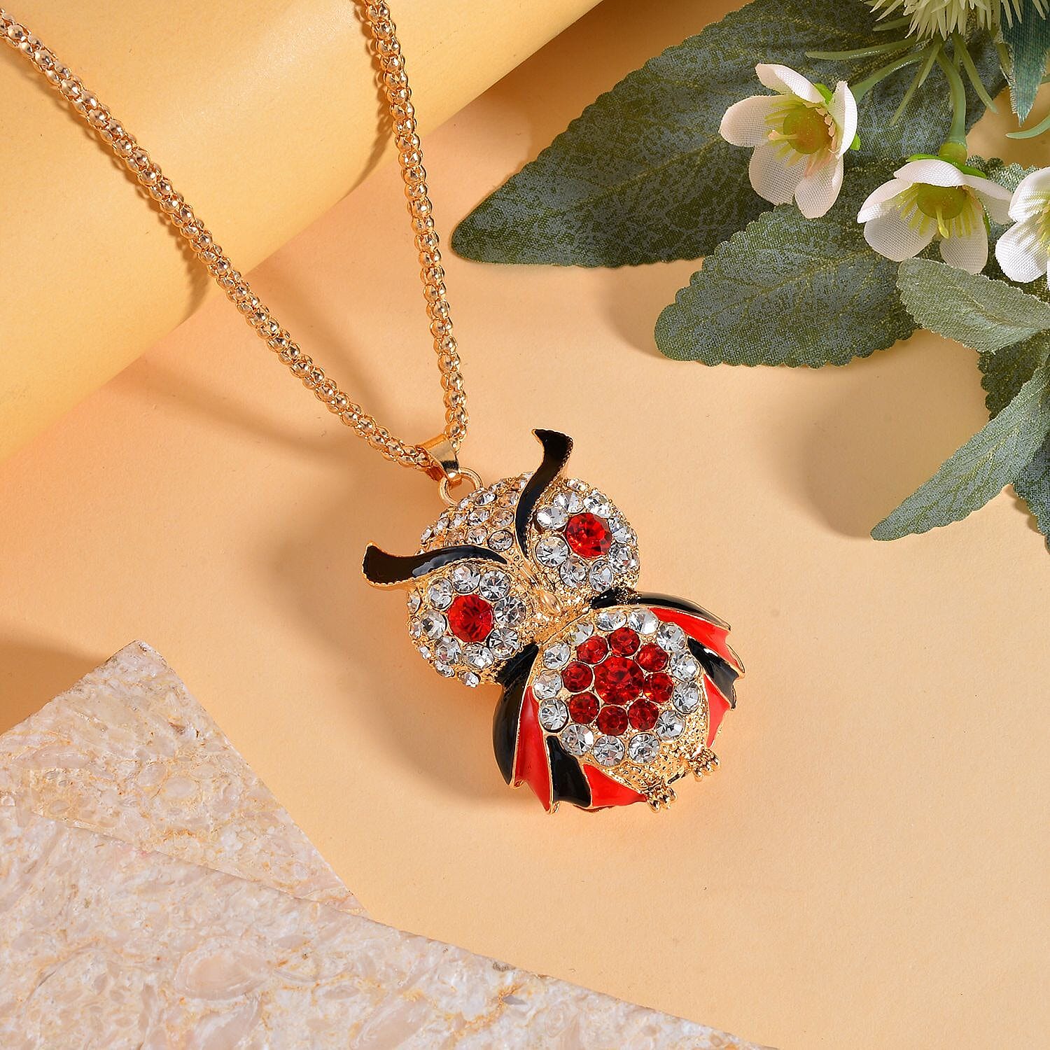  Red & White Austrian Crystal Owl Necklace (Size 28 - 2 Inch)