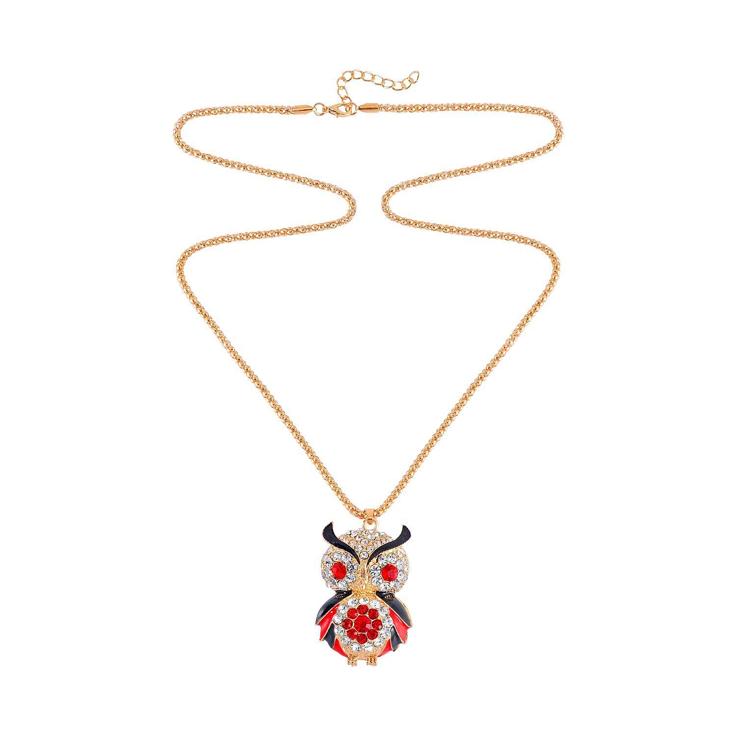  Red & White Austrian Crystal Owl Necklace (Size 28 - 2 Inch)