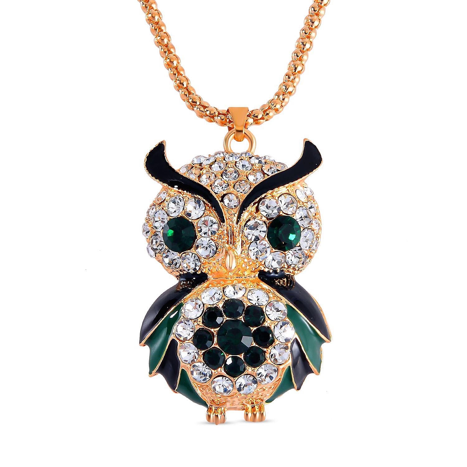 Green & White Austrian Crystal Enamelled Owl Necklace (Size 28 - 2 Inch) in Yellow Gold Tone