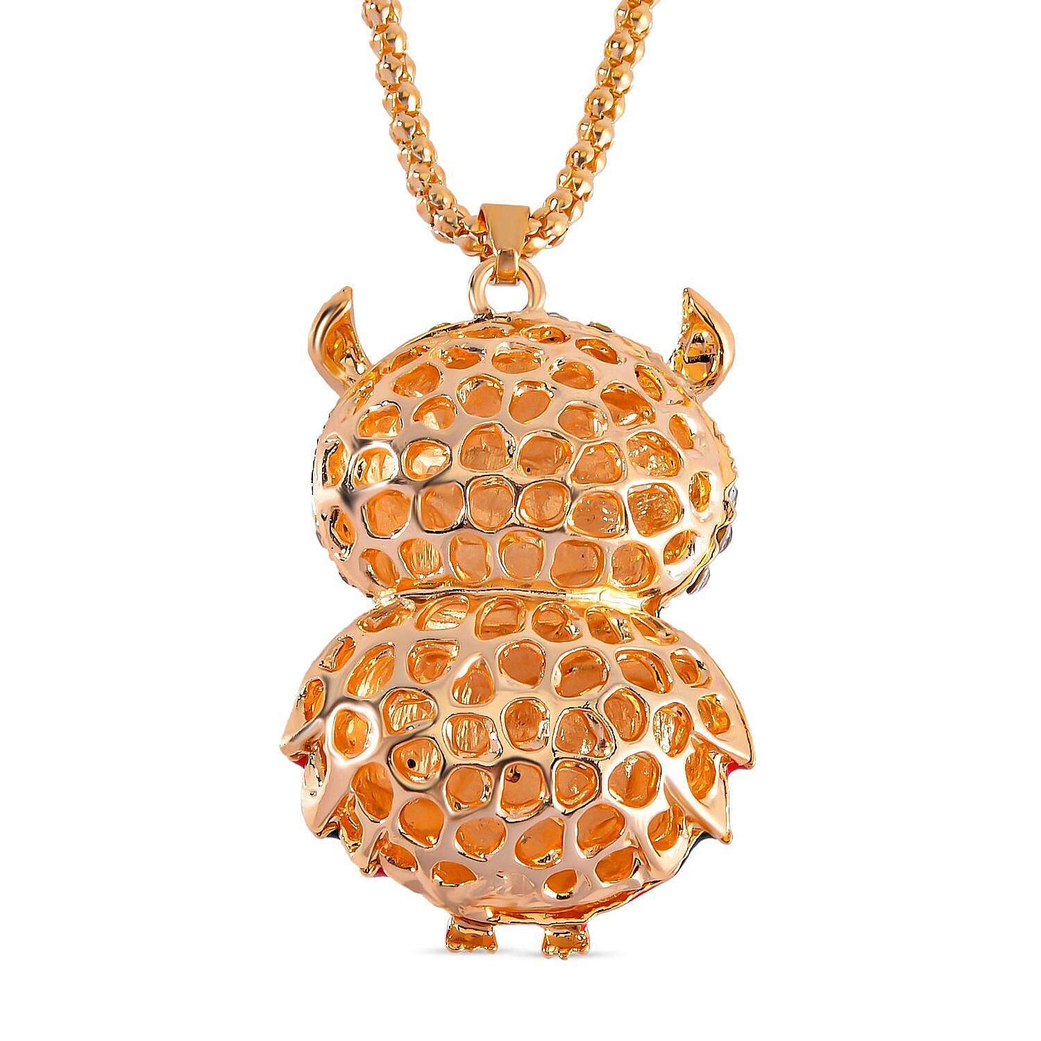 Green & White Austrian Crystal Enamelled Owl Necklace (Size 28 - 2 Inch) in Yellow Gold Tone