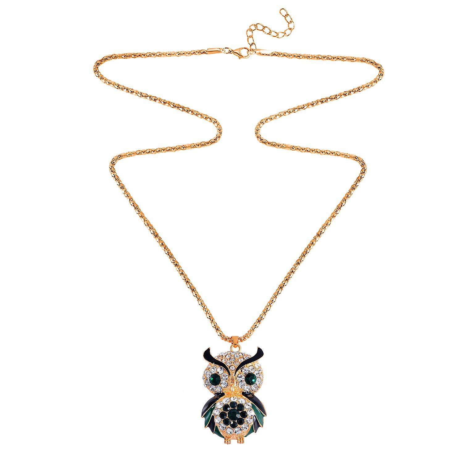 Green & White Austrian Crystal Enamelled Owl Necklace (Size 28 - 2 Inch) in Yellow Gold Tone