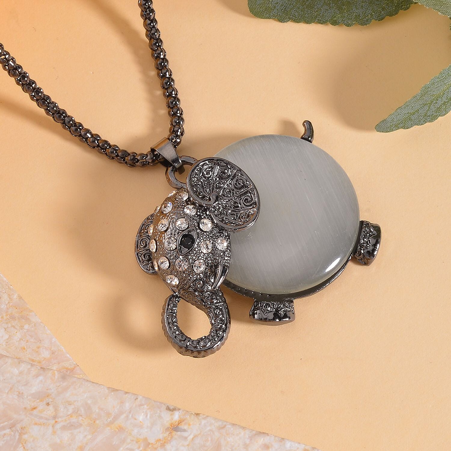 Created White Cats Eye, White & Black Austrian Crystal Elephant Necklace (Size - 28-2 inch Ext.) in Black Tone