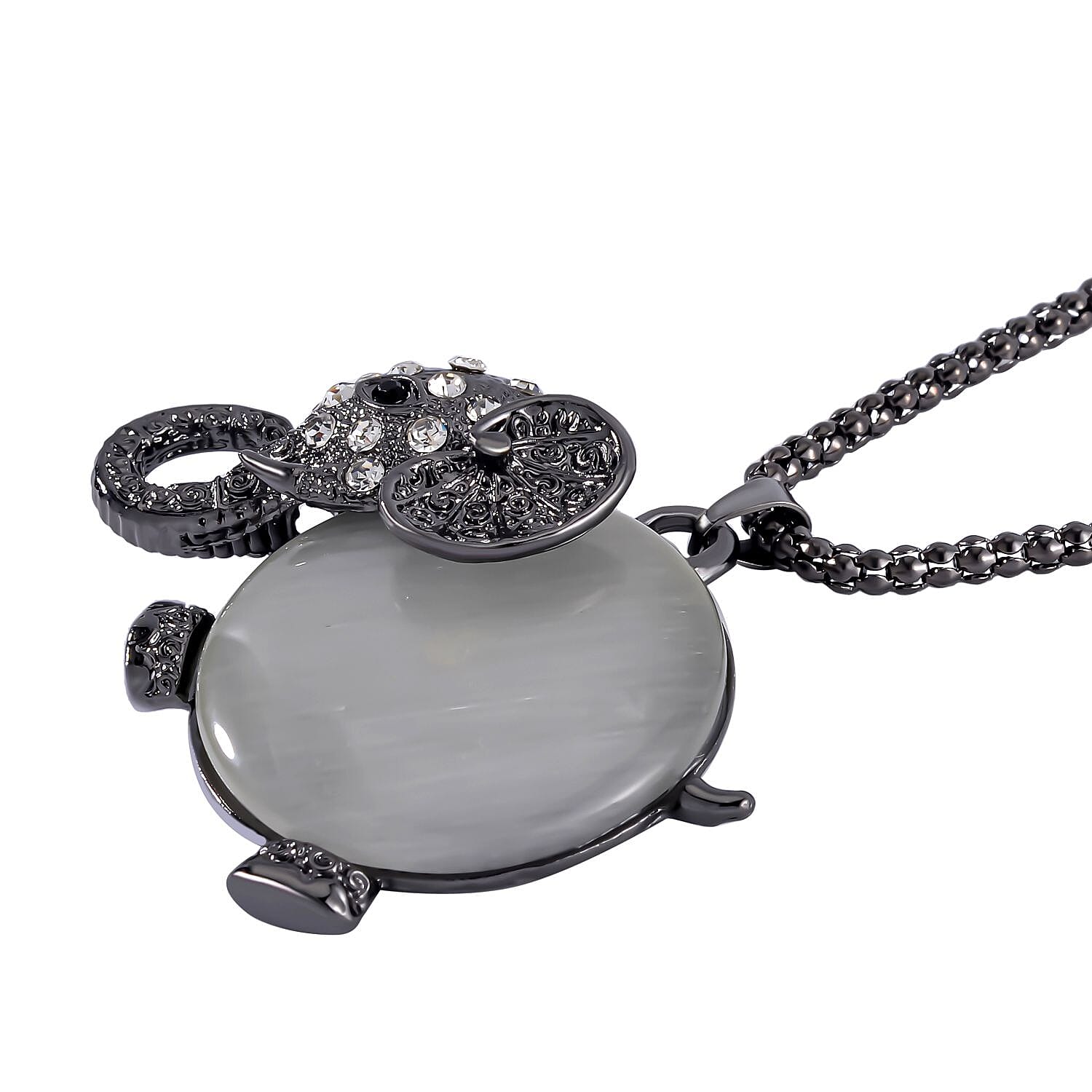 Created White Cats Eye, White & Black Austrian Crystal Elephant Necklace (Size - 28-2 inch Ext.) in Black Tone