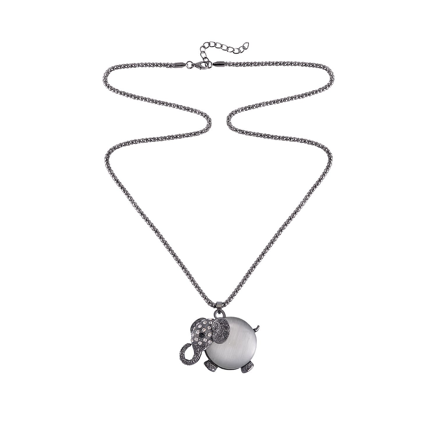 Created White Cats Eye, White & Black Austrian Crystal Elephant Necklace (Size - 28-2 inch Ext.) in Black Tone