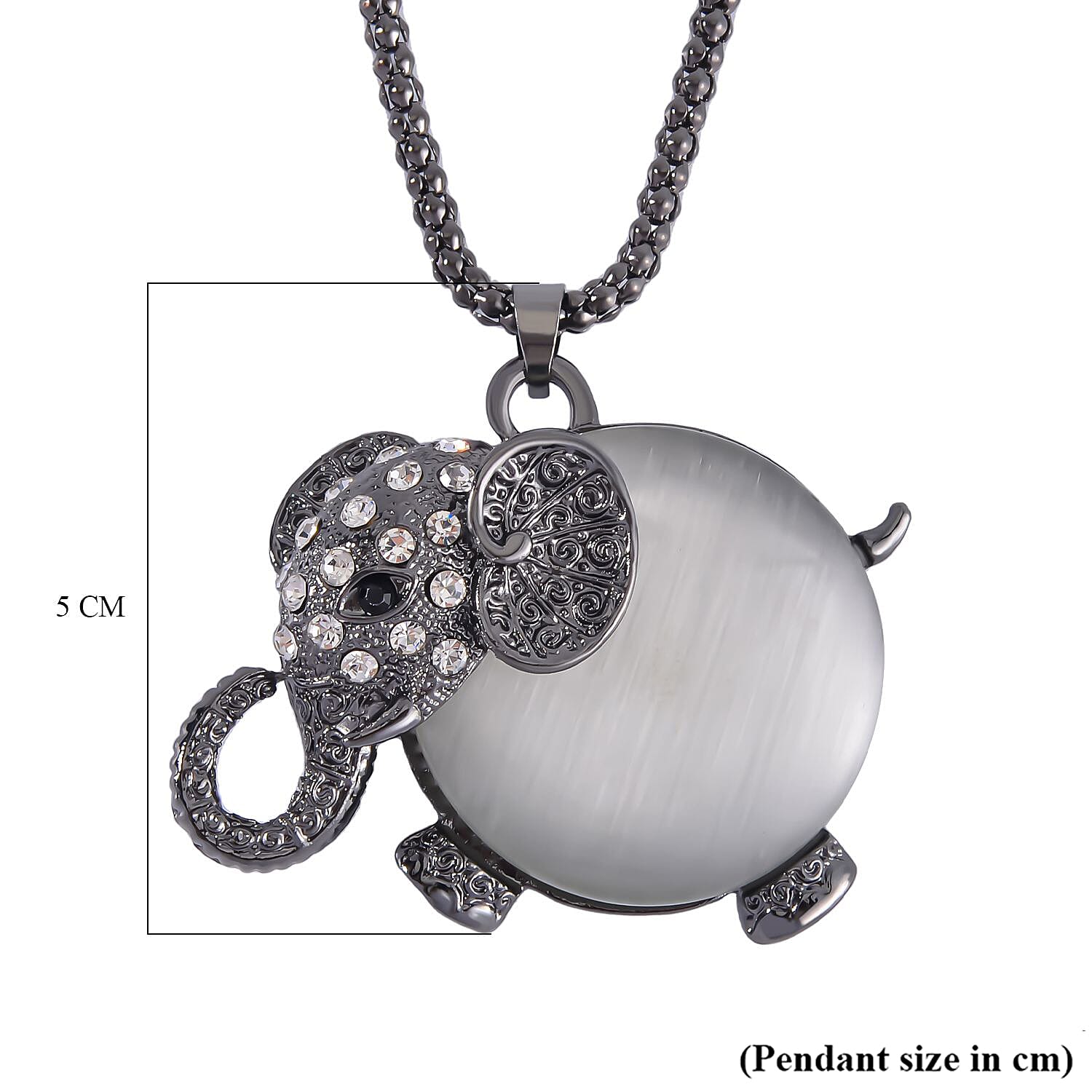 Created White Cats Eye, White & Black Austrian Crystal Elephant Necklace (Size - 28-2 inch Ext.) in Black Tone