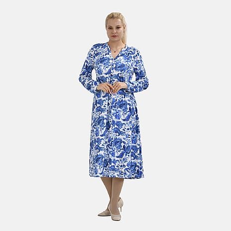 La Marey Jersey Tie Waist Floral Printed Maxi Dress (Size L) - Blue