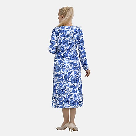 La Marey Jersey Tie Waist Floral Printed Maxi Dress (Size L) - Blue