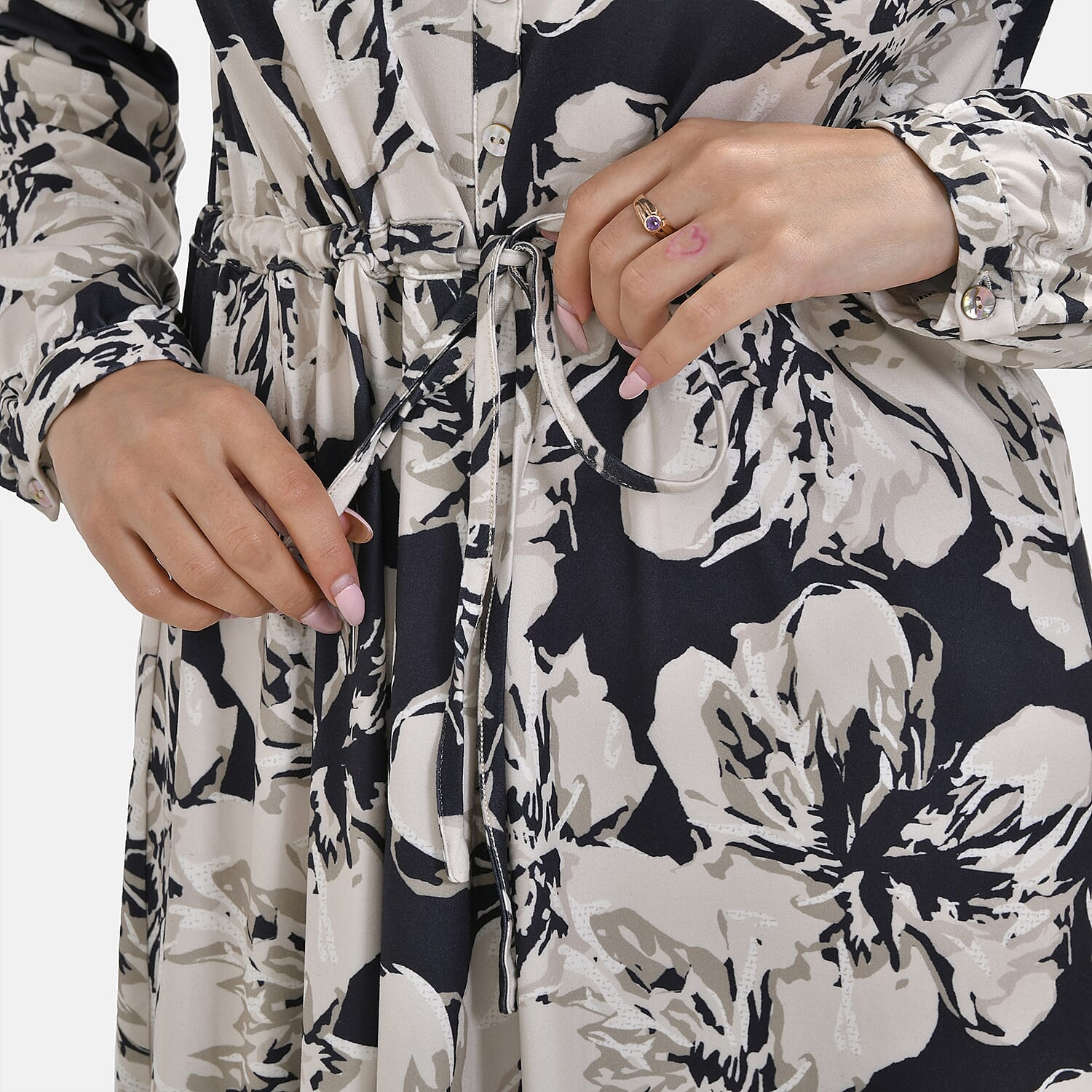 La Marey Jersey Tie Waist Floral Printed Maxi Dress (Size M) - Blue