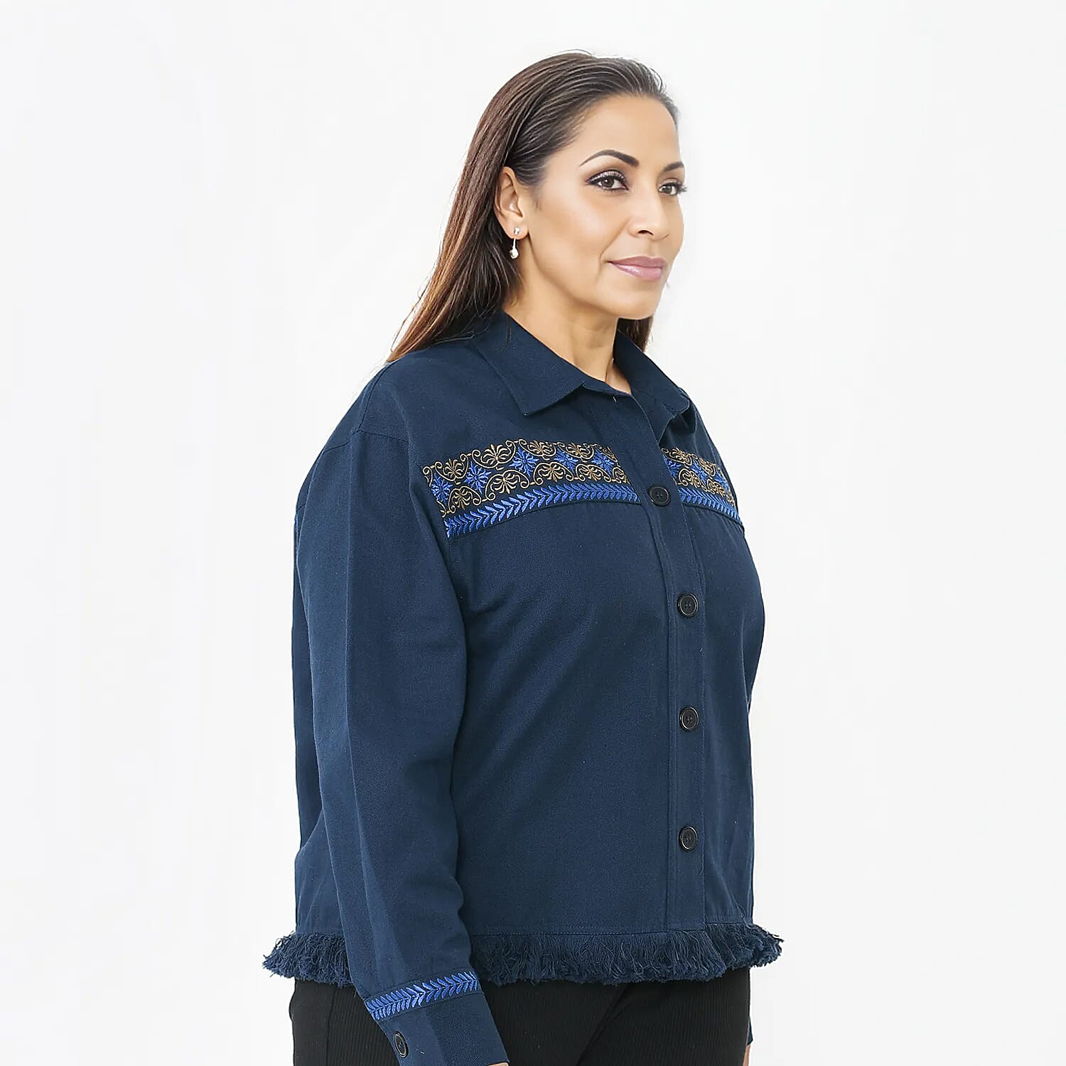 Tamsy 100% Cotton Embroidered Jacket (Size S,8-10) - Navy