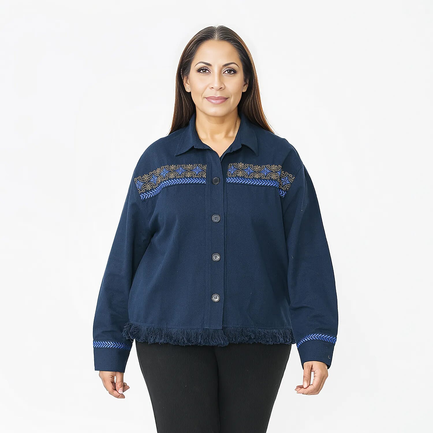 Tamsy 100% Cotton Embroidered Jacket (Size XXL,24-26) - Navy