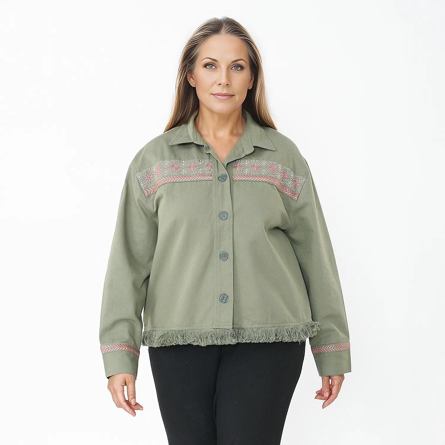 Tamsy 100% Cotton Embroidered Jacket (Size M,12-14) - Moss Green