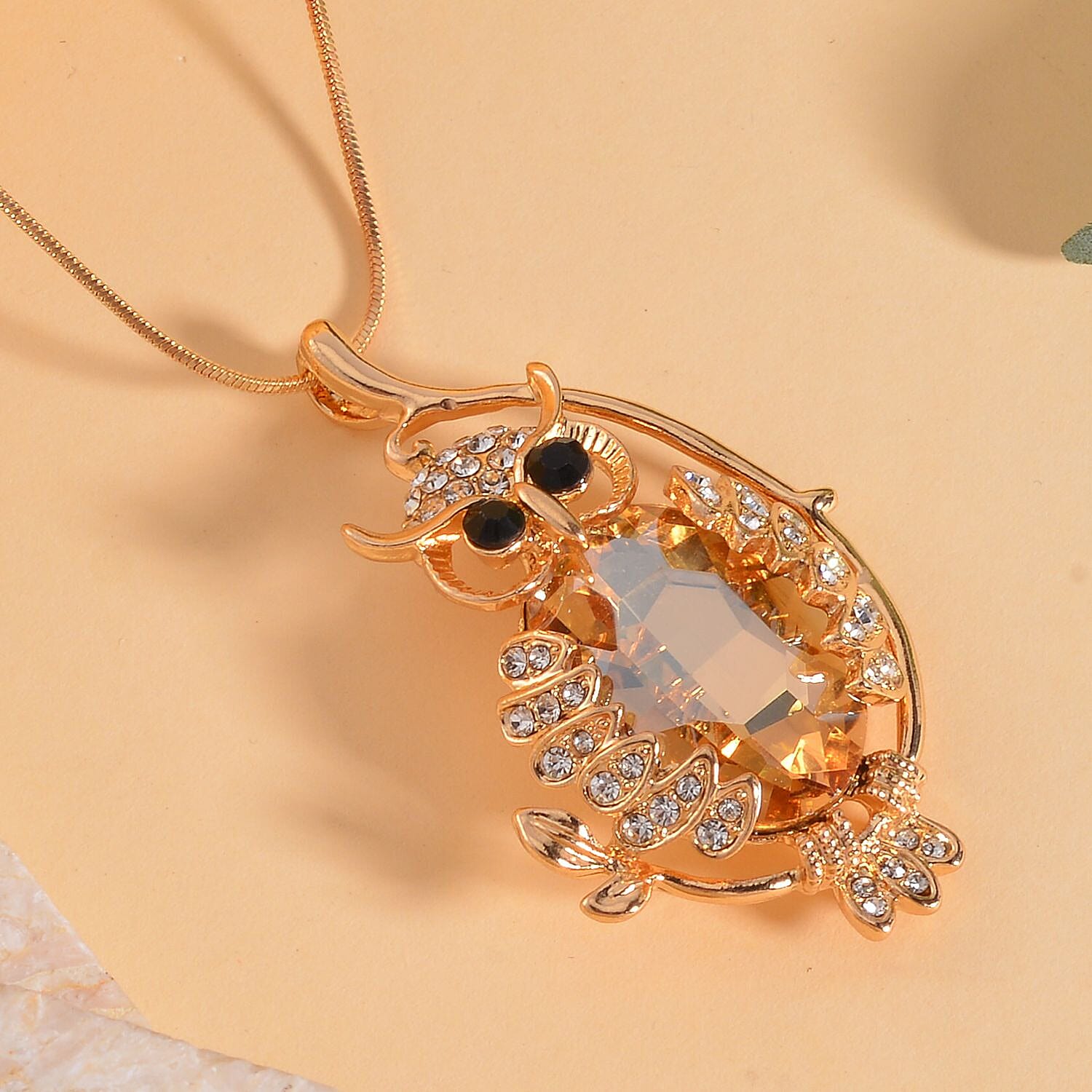 Multi Color Austrian Crystal Owl Necklace (Size - 28-2 inch ext.) in Gold Tone