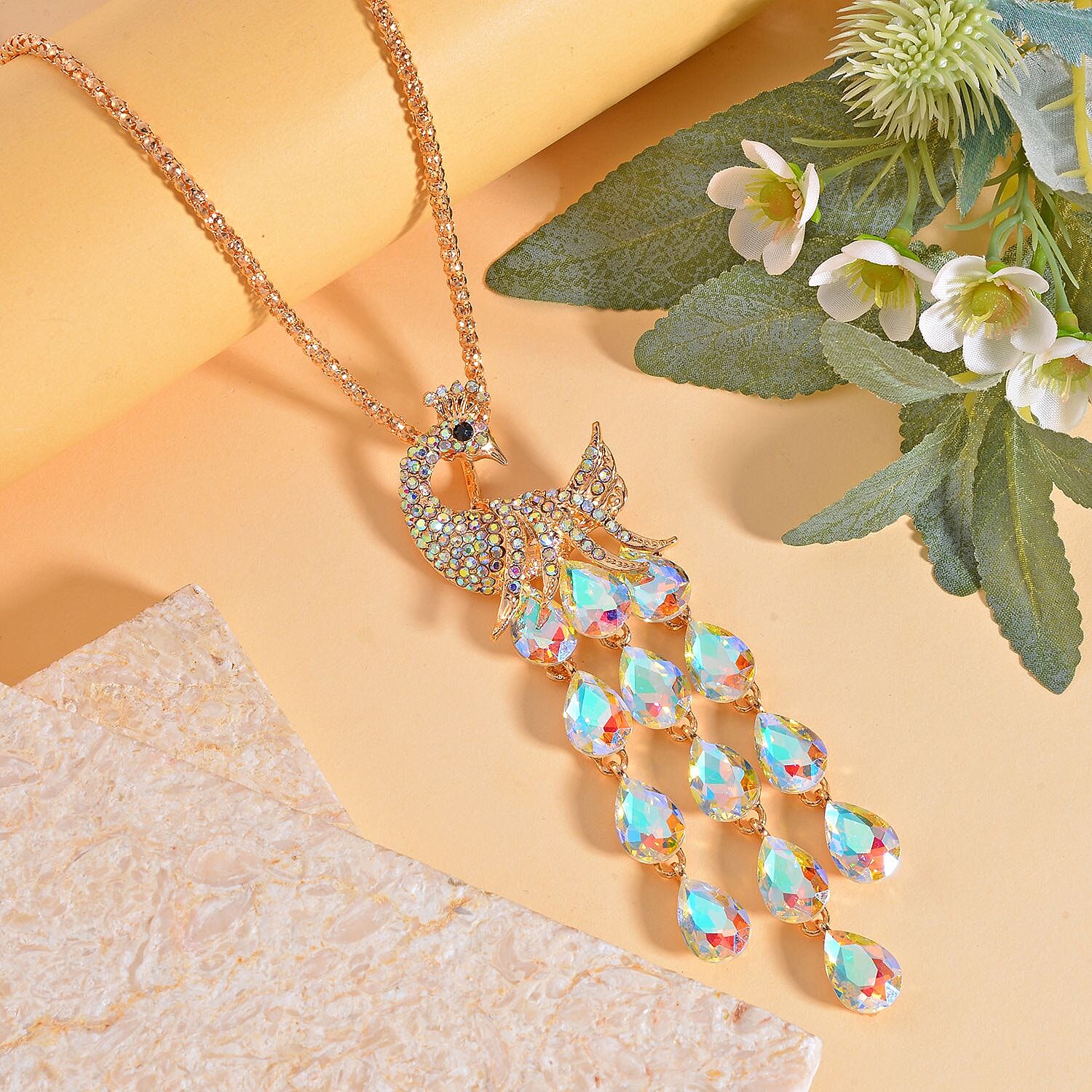 Close Out Deal-  Aurora Borealis &  White Austrian Crystal Peacock Necklace (Size - 28- 2 inch Ext.)