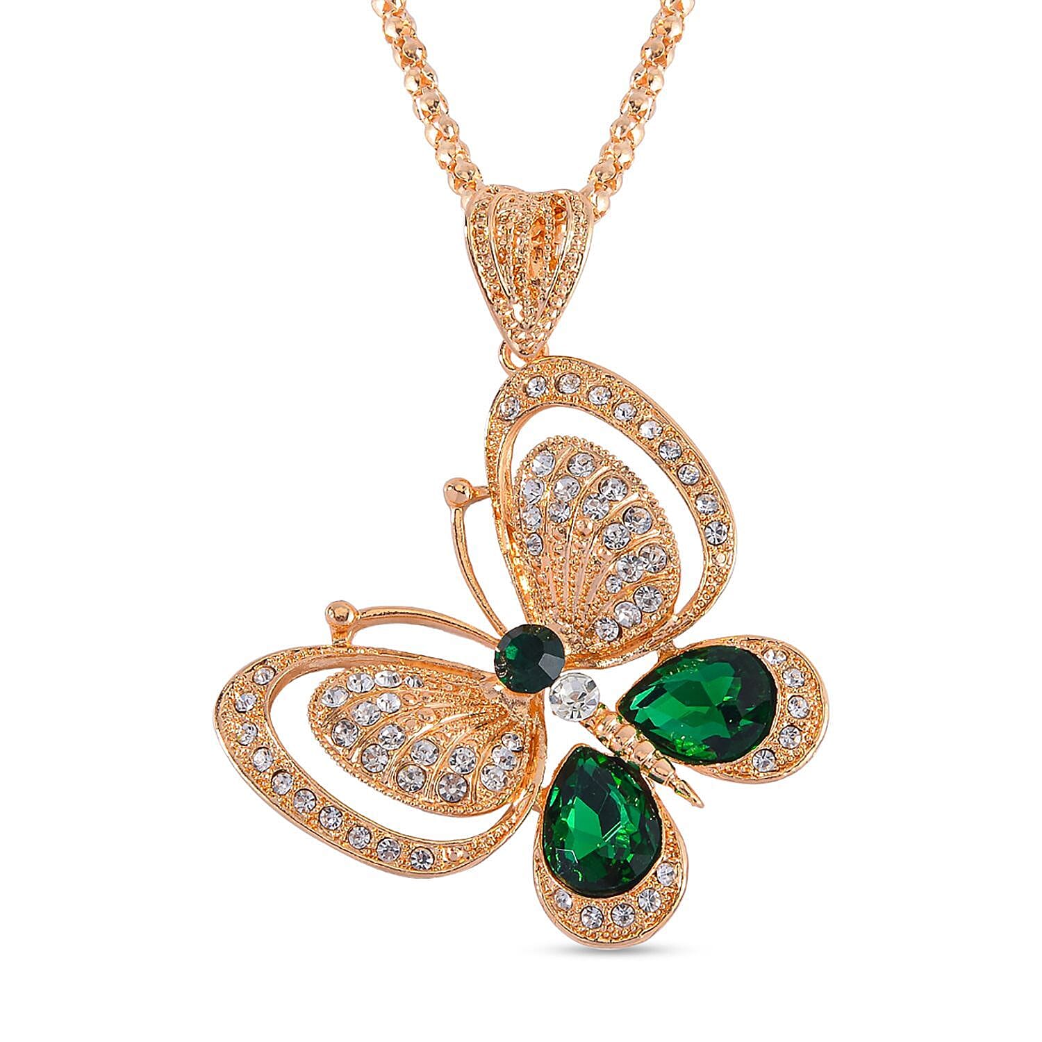 Green & White Austrian Crystal Butterfly Necklace (Size - 28) in Yellow Gold Tone