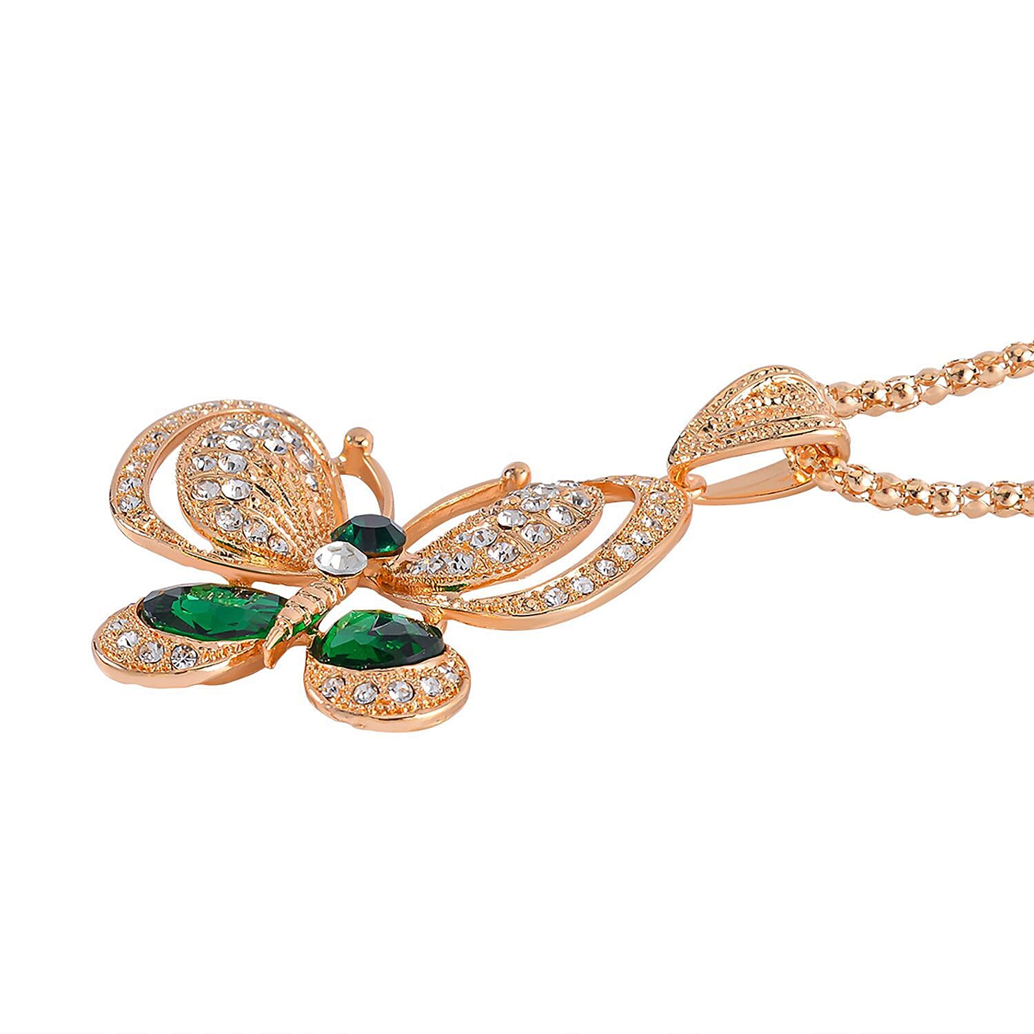 Green & White Austrian Crystal Butterfly Necklace (Size - 28) in Yellow Gold Tone