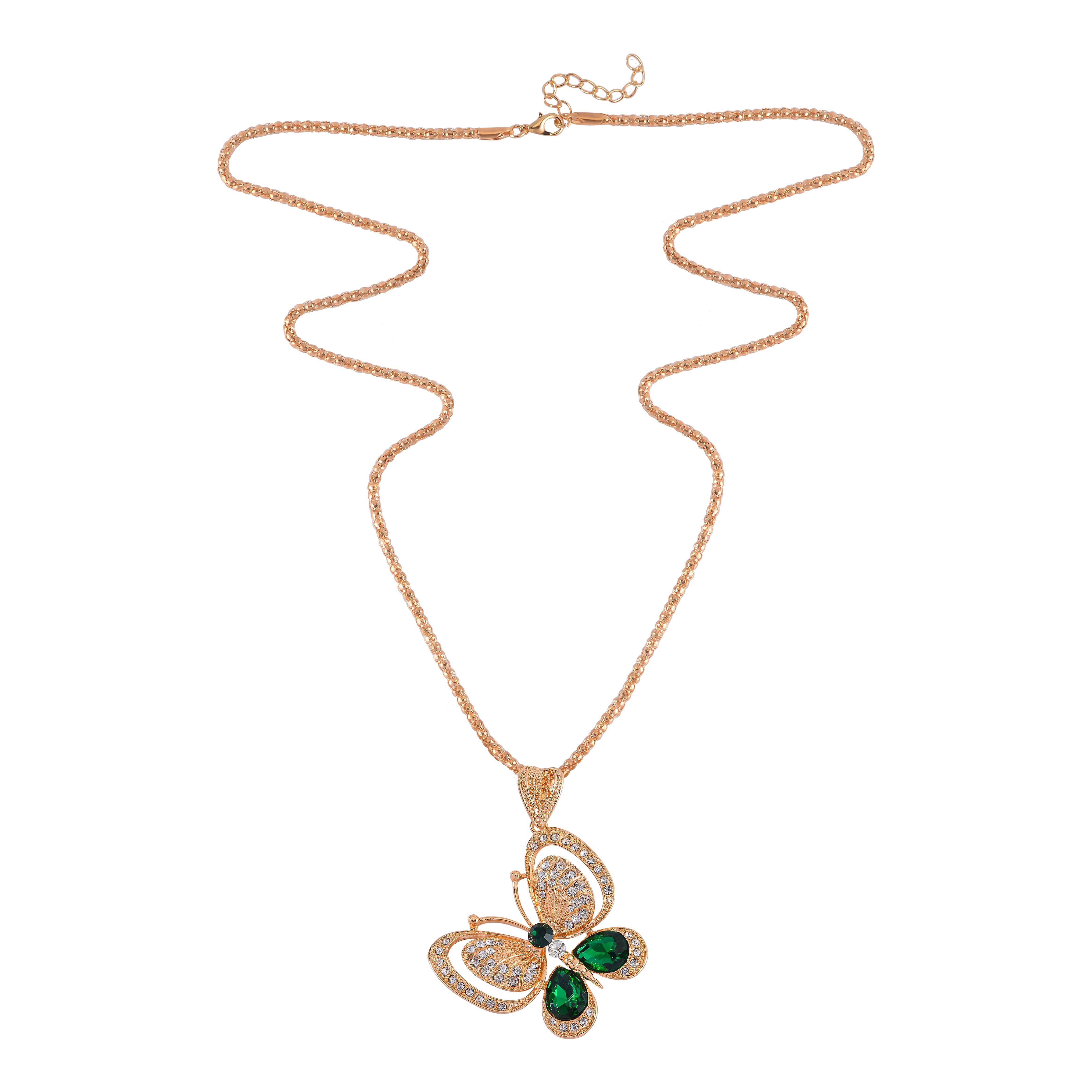 Green & White Austrian Crystal Butterfly Necklace (Size - 28) in Yellow Gold Tone