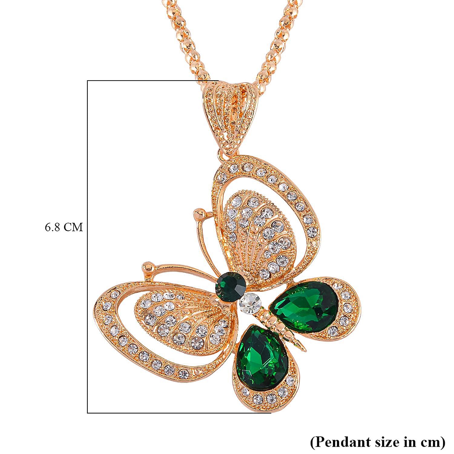 Green & White Austrian Crystal Butterfly Necklace (Size - 28) in Yellow Gold Tone