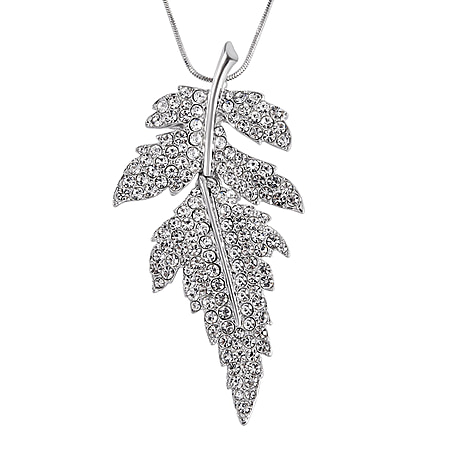 White Austrian Crystal Leaf Necklace (Size - 28-2 inch Ext.) in Silver Tone