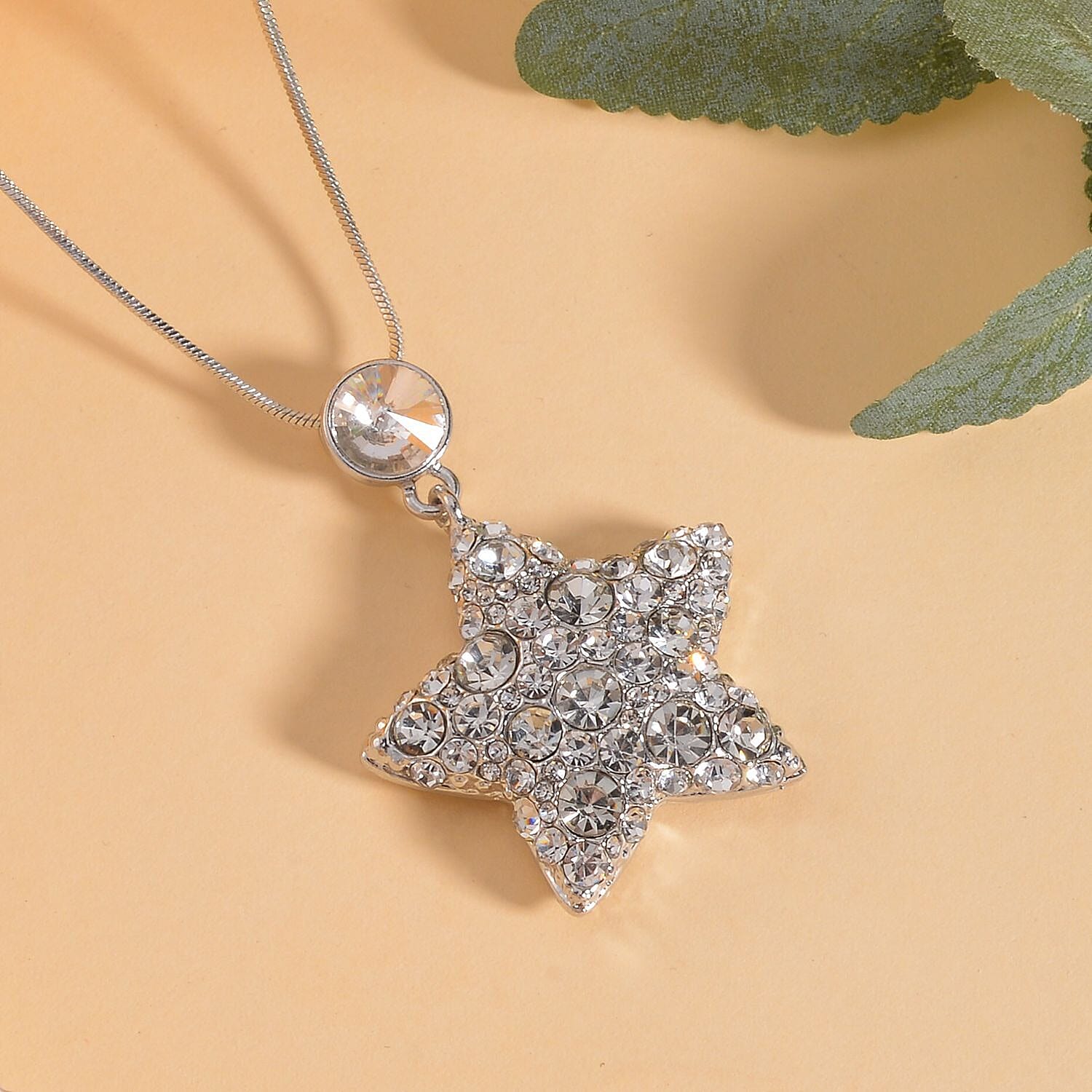 Austrian White Crystal Star Necklace (Size - 28) in Silver Tone