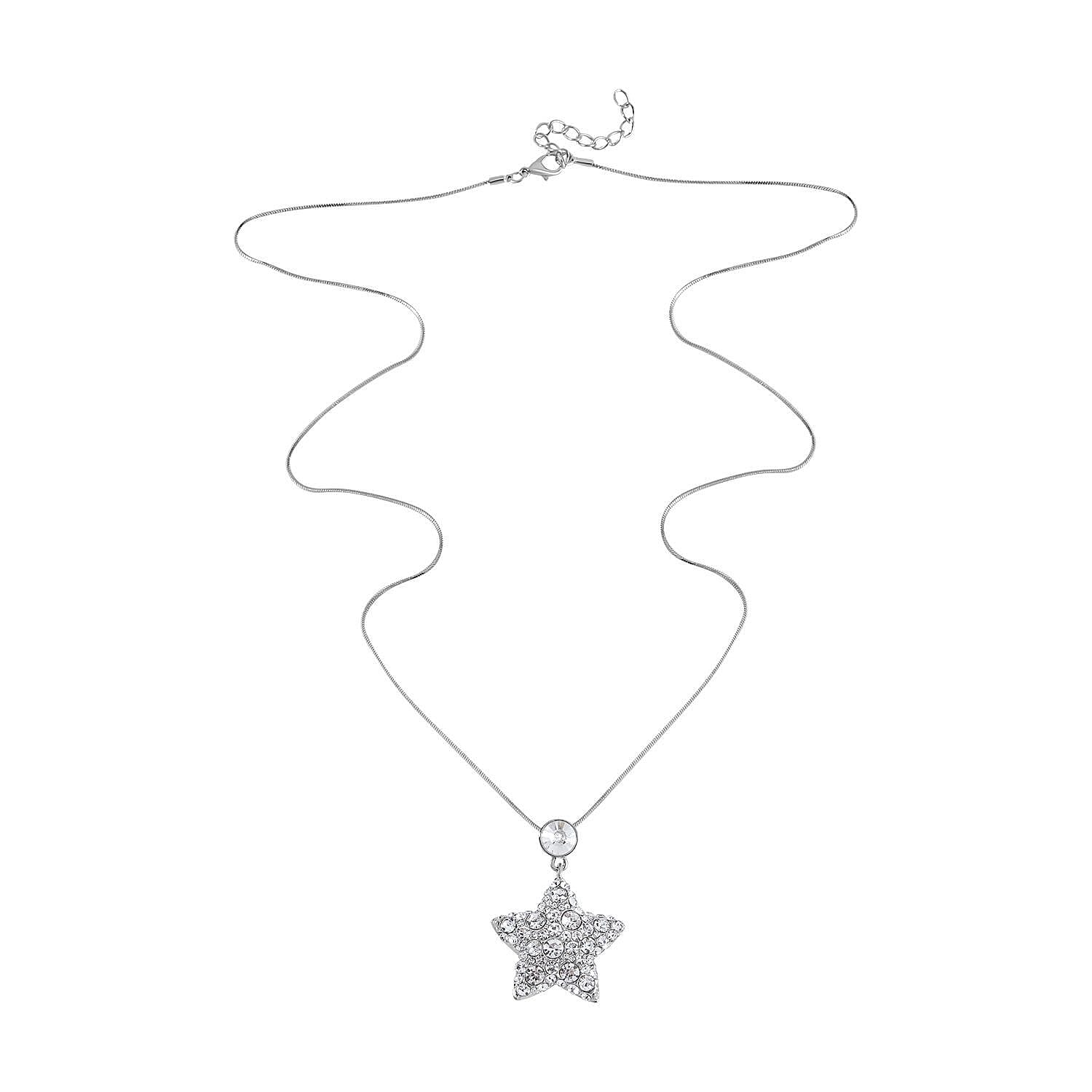Austrian White Crystal Star Necklace (Size - 28) in Silver Tone