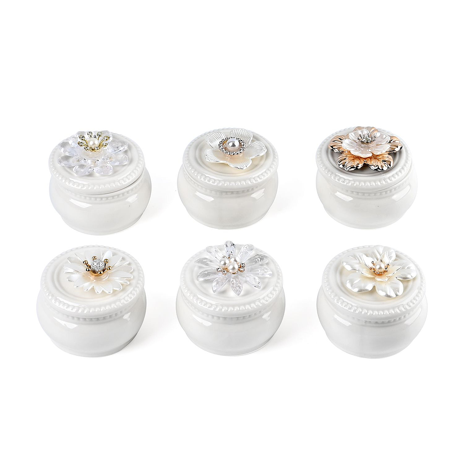 Set of 6 - Fine Porcelain Decor Storage Box with Floral Pattern 100% Heat-Resistant Lid - White