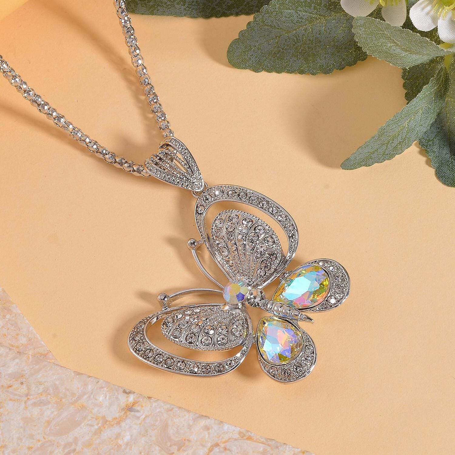 Simulated Mystic White Crystal & Austrian White Crystal Butterfly Necklace (Size - 28)